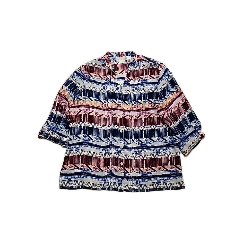 Alfred Dunner Multicolo V Neck Blouse Button Down 3/4 Sleeve Size 12 Pretty